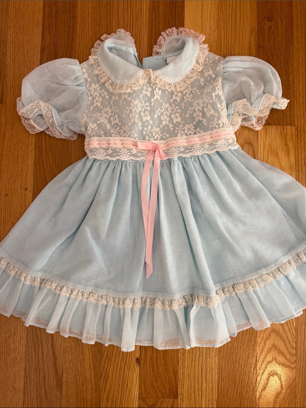 Vintage-Style Light Blue Lace Doll Dress with Pink Ribbon